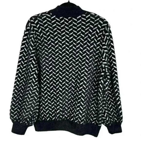 LIVERPOOL Fuzzy Black White Herringbone Balloon Sleeve Knit Cardigan Size Small - Picture 2 of 7